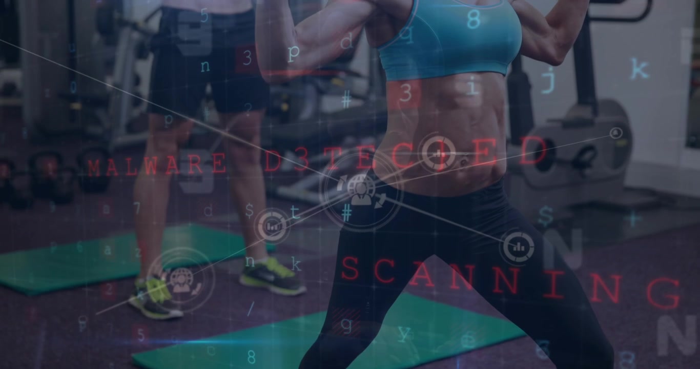 Composite of cyber attack warning text and data processing over woman and man exercising