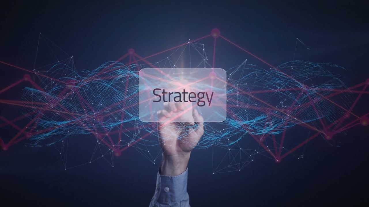 Showcasing Strategy rectangle floating over node network with blue dotted waves and pink nodes