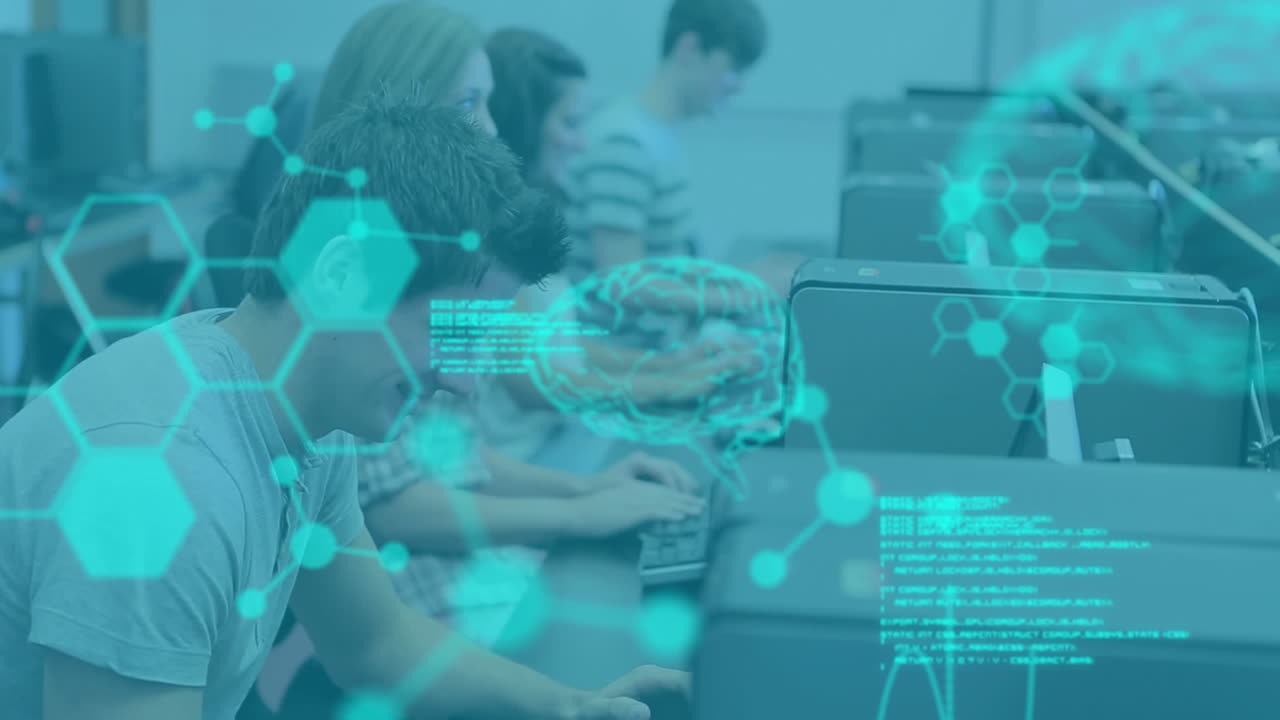 컴퓨터를 사용하는 학생들을 대상으로 과학 데이터 처리의 애니메이션