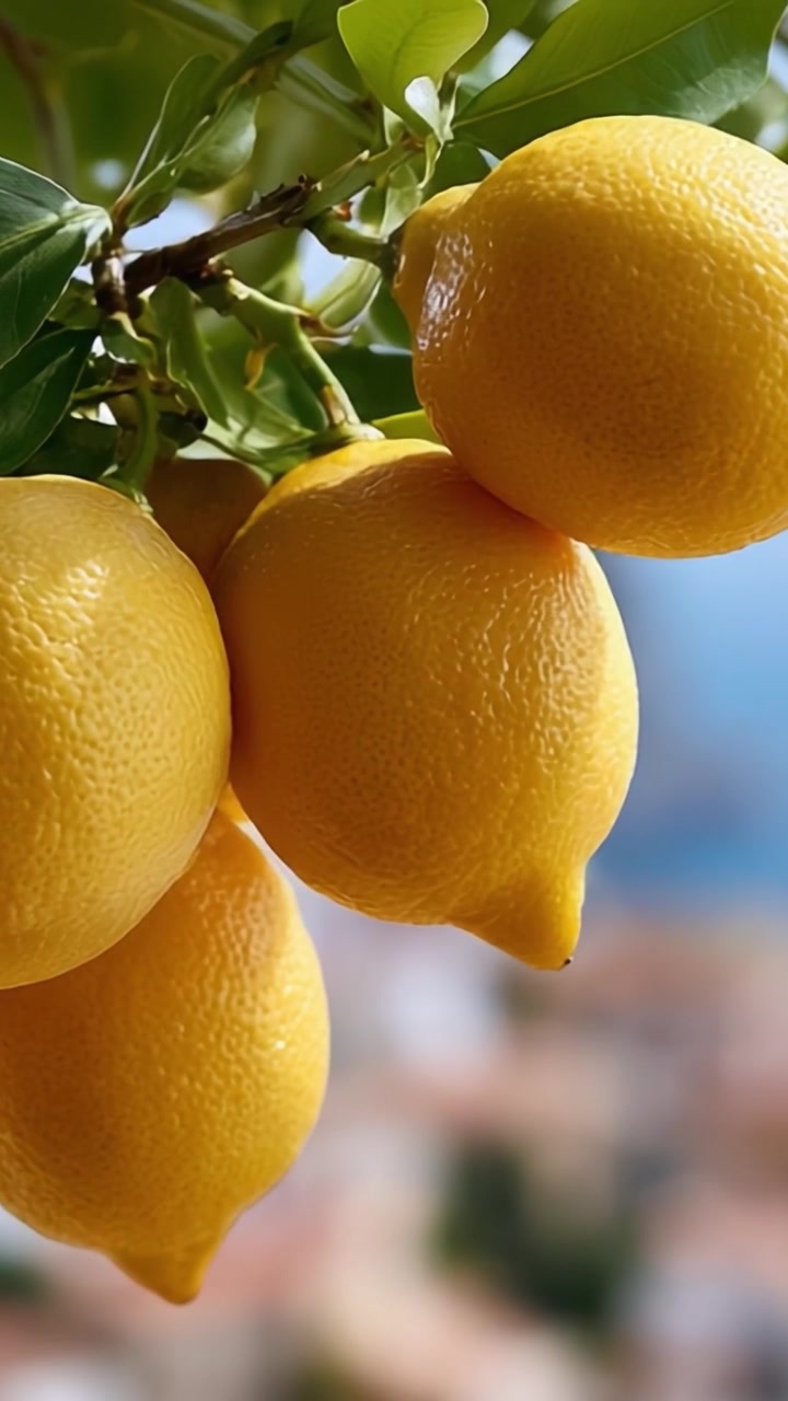 Limoni freschi, luminosi e succosi appesi a un ramo, che mostrano il loro vivace colore giallo e le texture naturali su uno sfondo tenue.