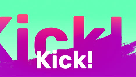 animation of kick text in white and pink, on purple brush strokes and green background