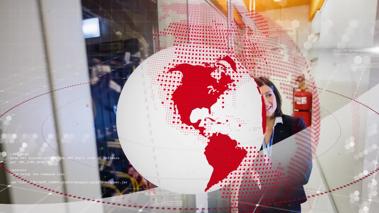 서버 방  ⁇ 에 스마트 폰으로 이야기하는 두 인종의 여성 노동자 위의 원과 지구의 애니메이션