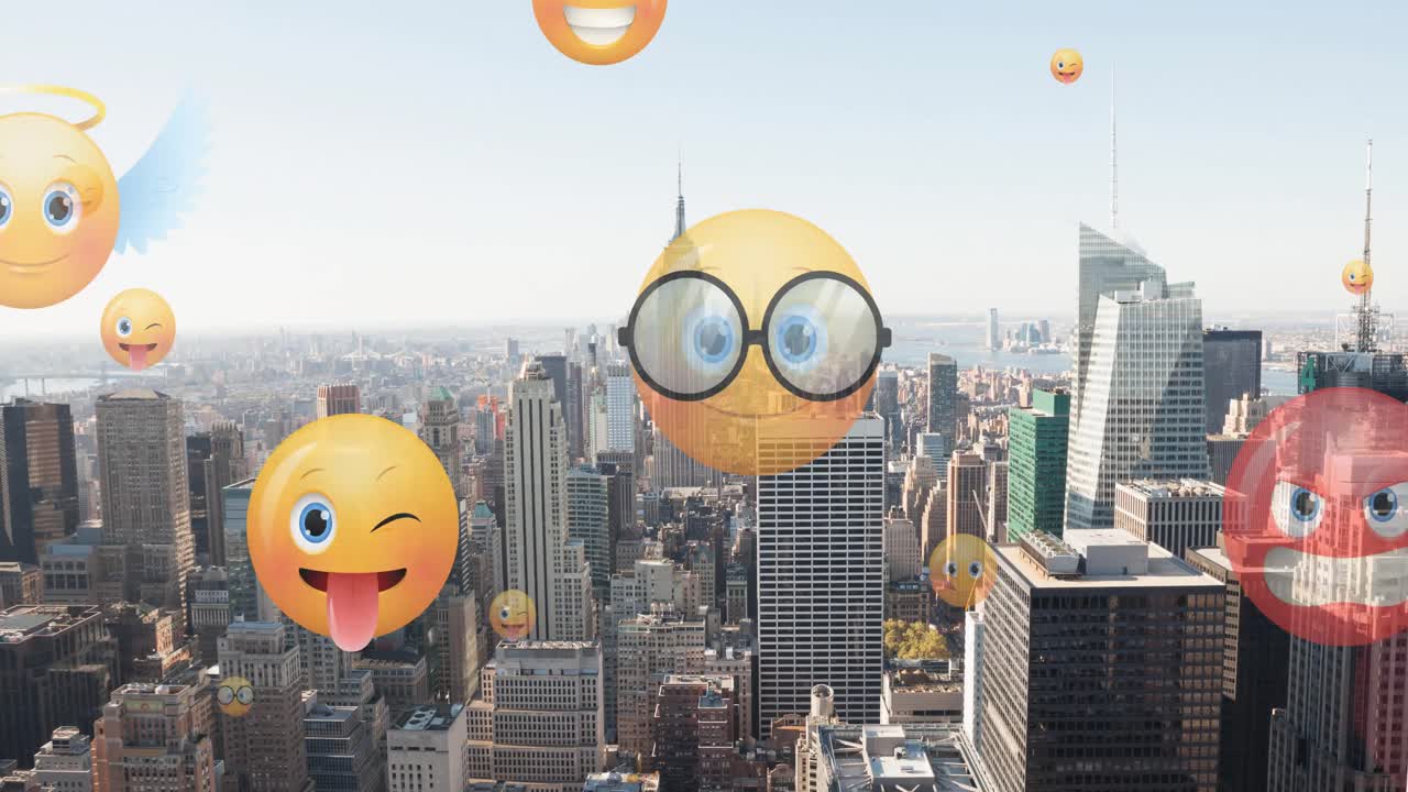 Animation of emoji icons flying up over cityscape