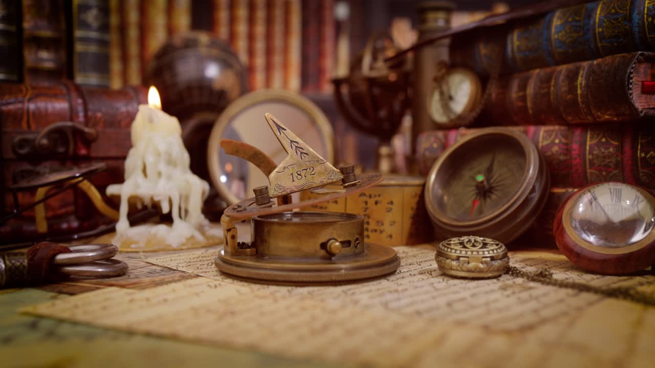 빈티지 스타일의 여행과 모험. 빈티지 오래된 나침반과 테이블에 있는 다른 빈티지 물건들.