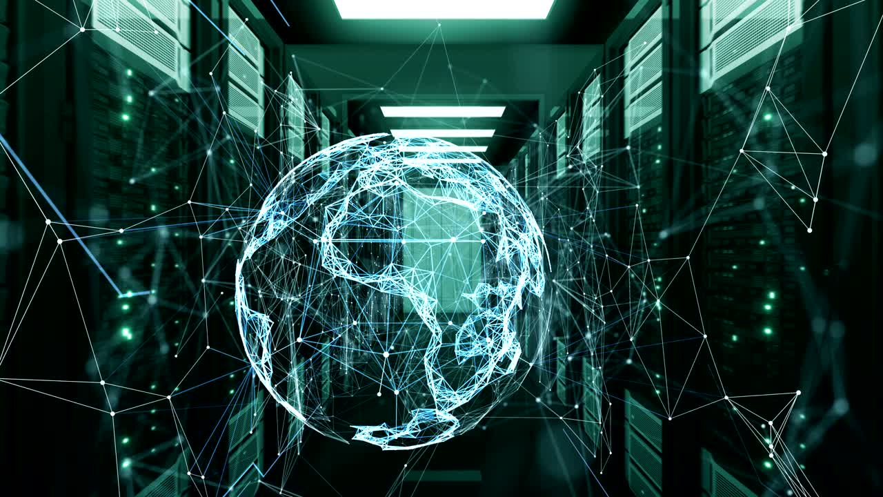 Hologram Earth Sphere Network Communications. Rows of Server Racks in Datacenter Looped 3d Animation. Business and Futuristic Technology Concept.