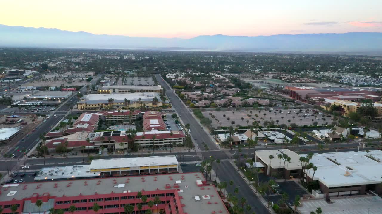 Aerial view of Palm Springs City and Sonoran Desert in California at sunset