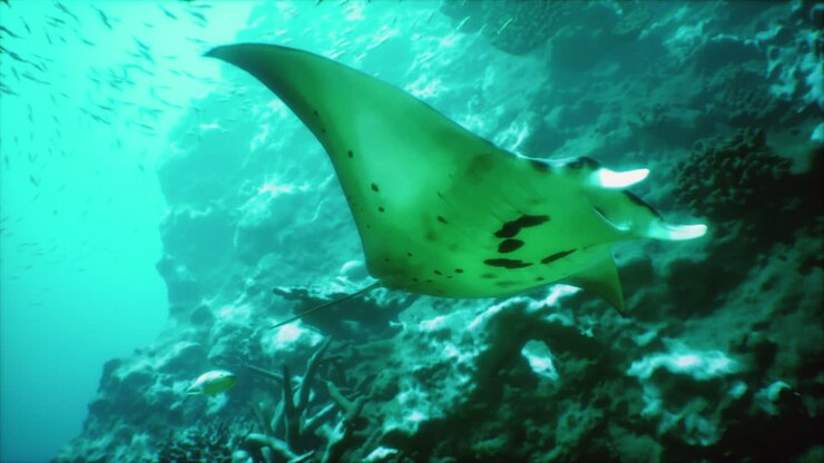 Manta ray gliding near vibrant coral reef in tropical waters at midday
