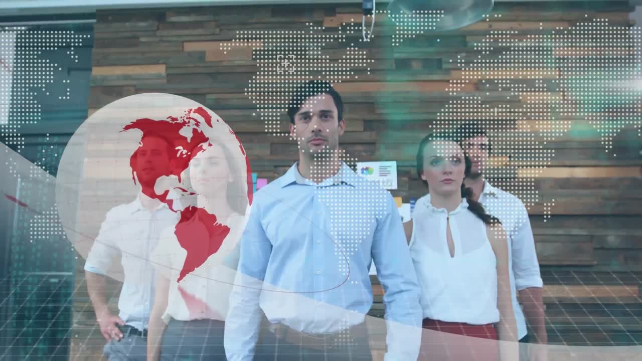 animación del globo y procesamiento de datos sobre colegas de negocios