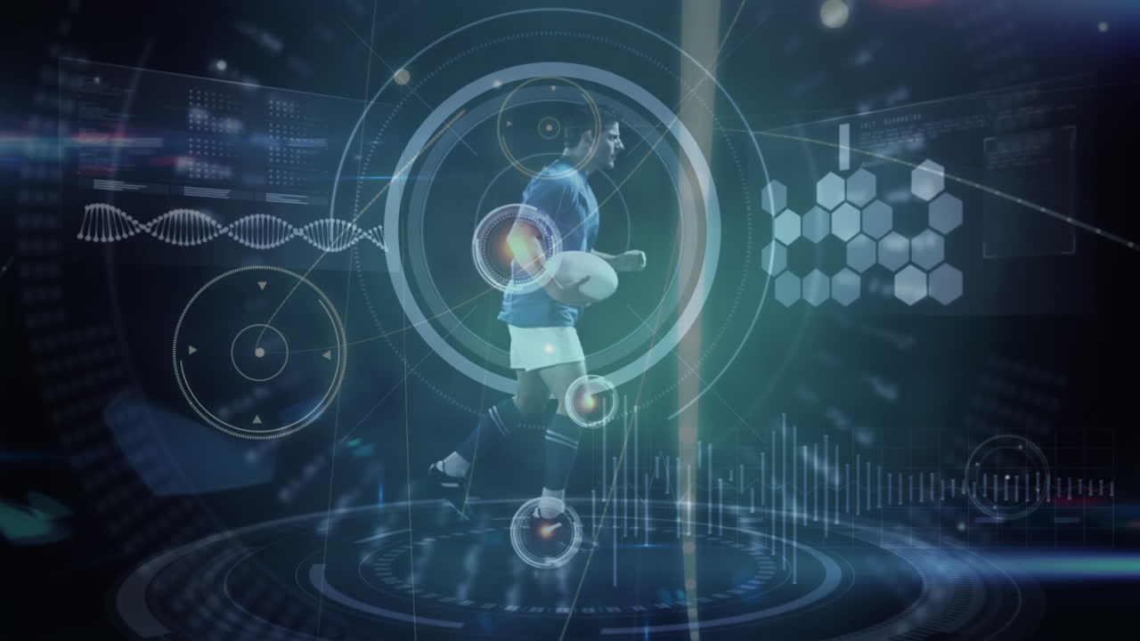 공과 정보 처리와 함께 달리는 럭비 선수 위의 스캐너의 애니메이션