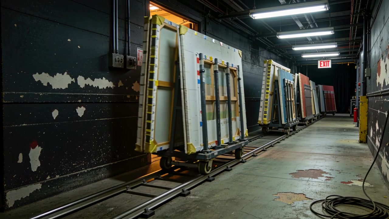 Rolling wheeled carts loaded with panels moving along backstage hall, heading to exit for transport