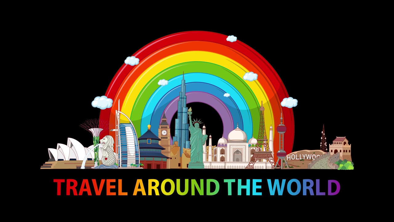 Animated world landmarks appear beneath a vibrant rainbow on a black background, with colorful text smoothly revealing 'Travel Around the World' in a bold, modern style