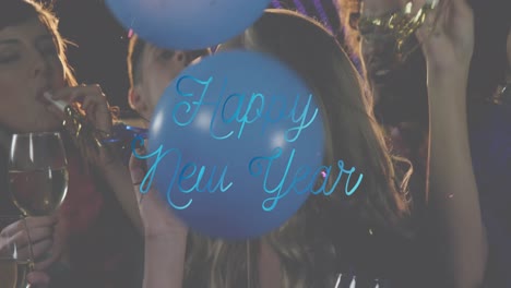 Animation-of-happy-new-year-text-in-blue-over-balloons-and-crowd-of-celebrating-people-partying