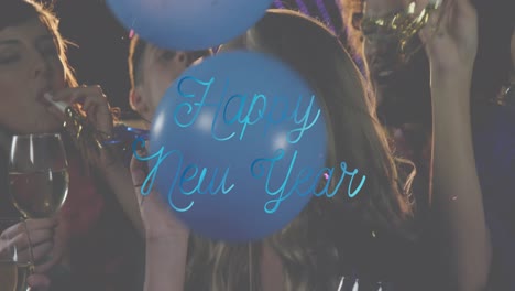 animation of happy new year text in blue over balloons and crowd of celebrating people partying