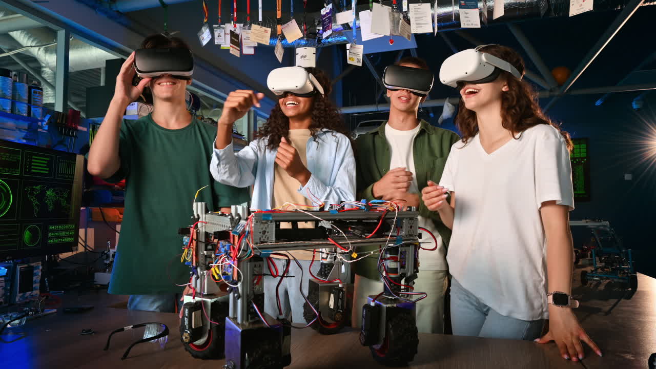 Group of young people in VR glasses discussing and doing experiments in robotics in a laboratory. Robot on the table