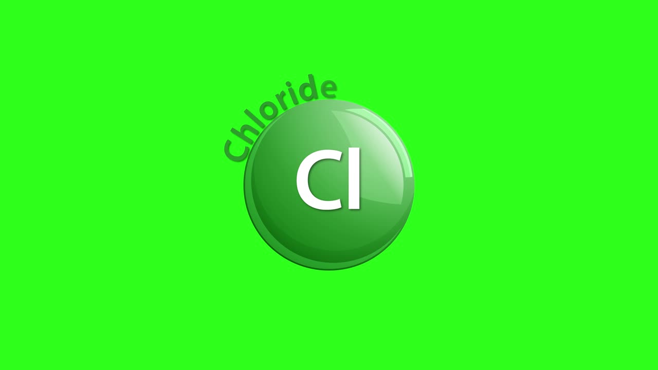 A green chloride symbol animates in, accompanied by bread, cheese, tomato, and salt shaker illustrations. Clean, flat graphics with smooth transitions and static camera