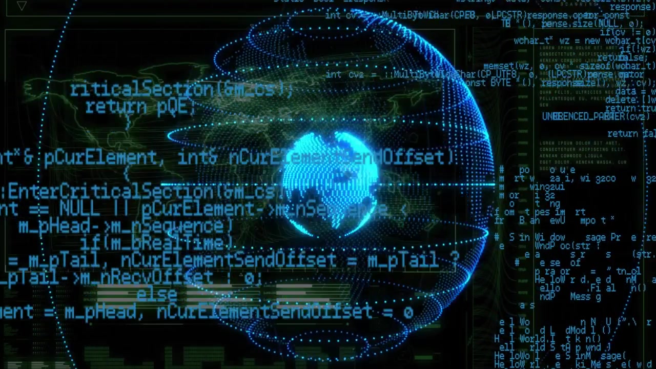 On startup holographic dotted globe rotating while code scrolling, rings rippling showing data flow