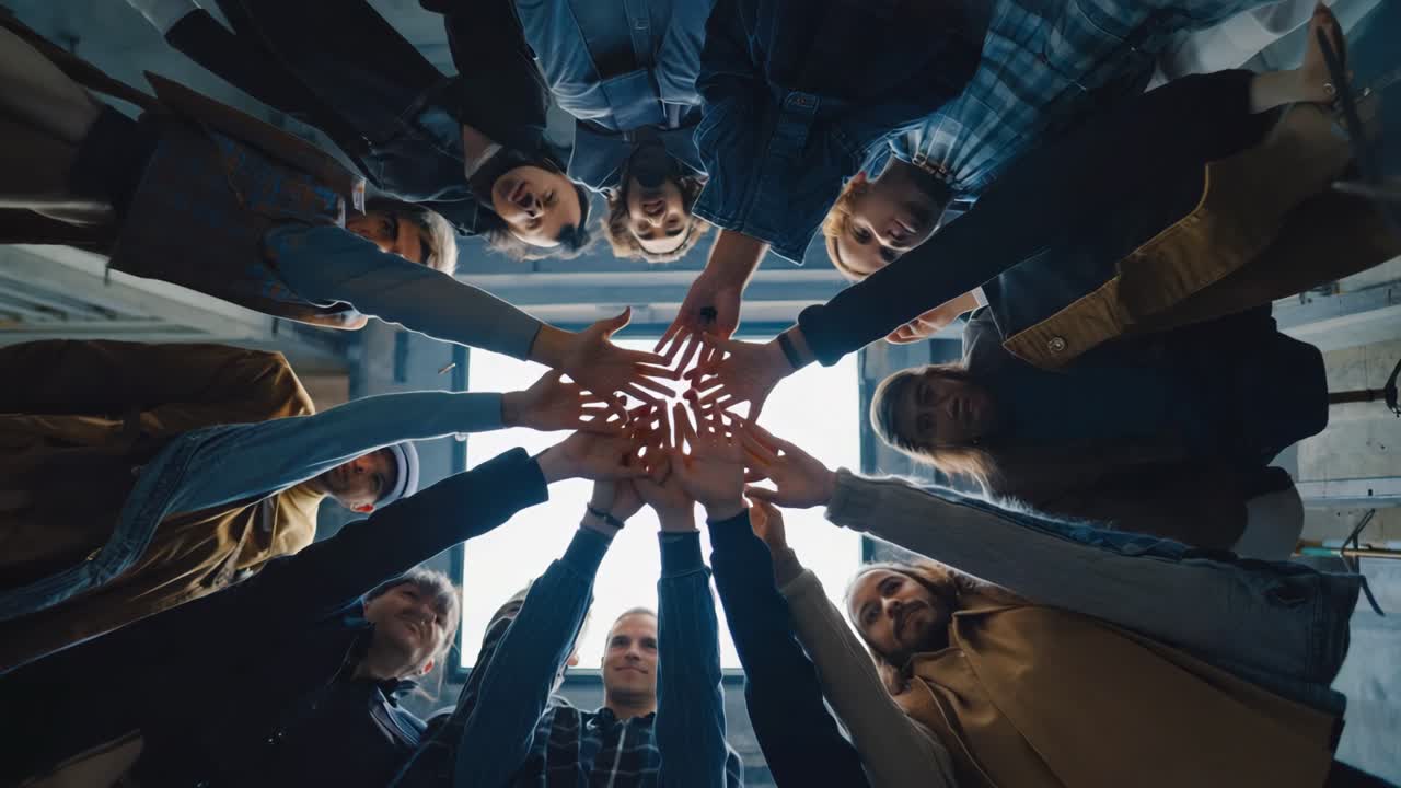 A diverse group of people huddle together, hands joined in a circle, symbolizing teamwork and unity