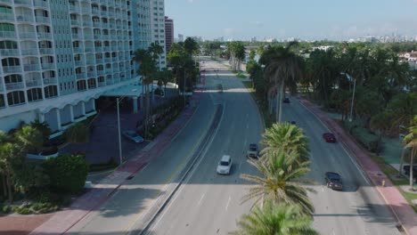 forwards tracking of vehicles on multilane trunk road lined by grown palm trees. modern city borough in tropic area. miami, usa