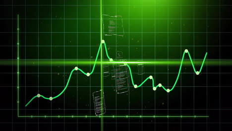 animation of green graph and scanner beams over interfaces processing data on dark background