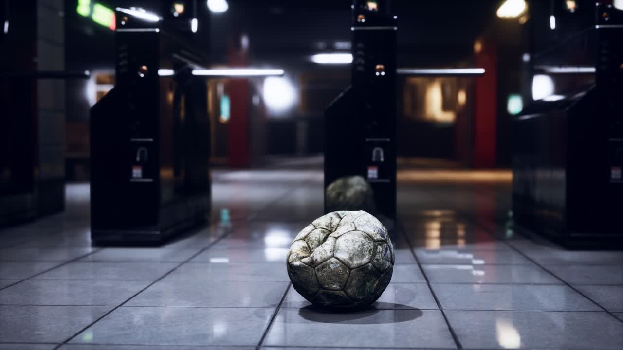 vieja pelota de fútbol en el metro vacío