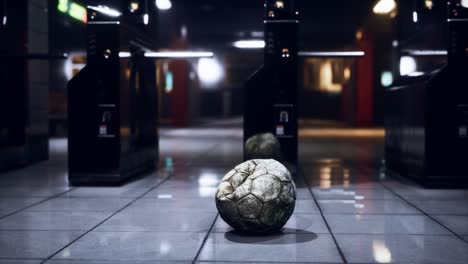 old soccer ball in empty subway