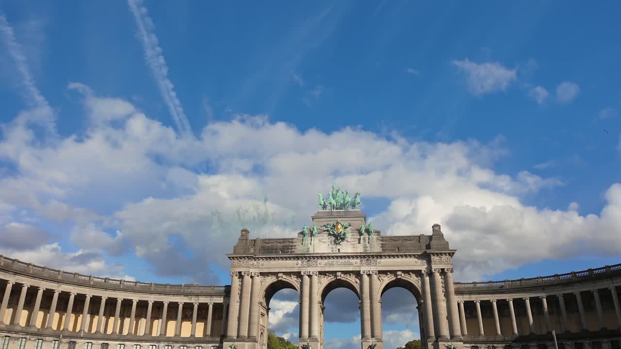 Creative hyperlapse of Cinquantenaire Arch with mirrored double exposure