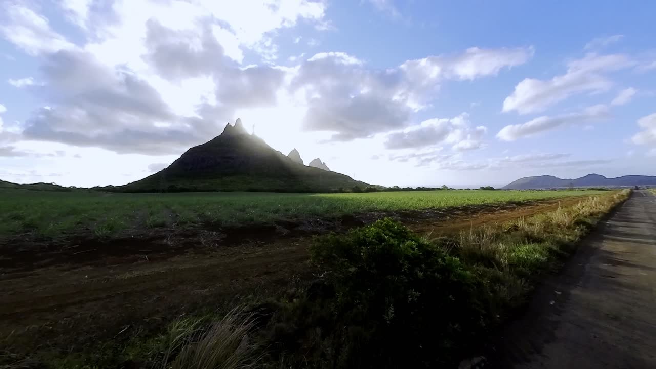 Scenic drive footage capturing Mauritius's iconic mountainous landscape with volcanic peaks rising behind lush sugar cane plantations, showcasing the island's natural beauty.
