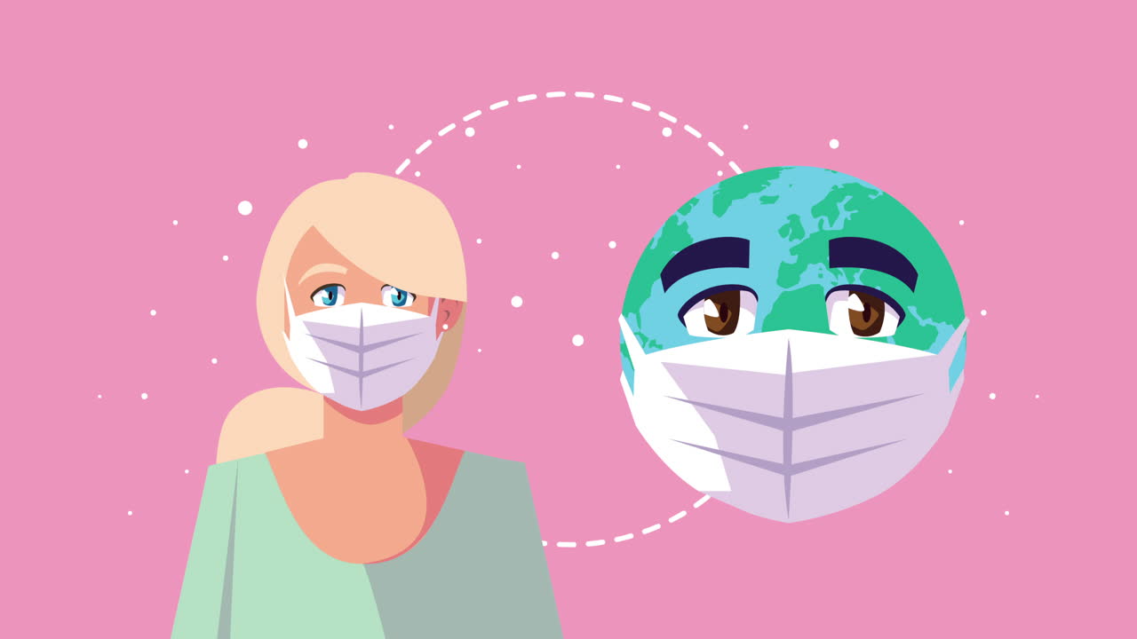 코로나19를 예방하기 위해 얼굴 마스크를 사용하는 여성과 지구 캐릭터