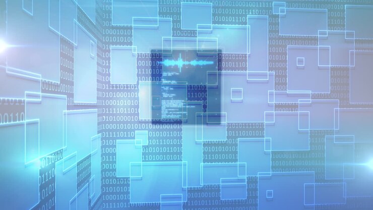 Animation of data processing over digital screens with binar code