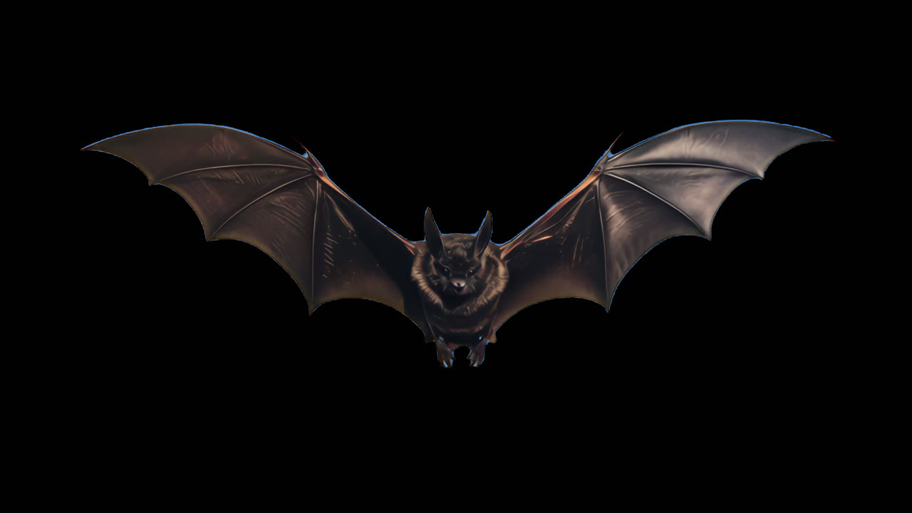 Risorsa animata isolata di pipistrello volante con ali spiegate, video 4K trasparente, canale alfa