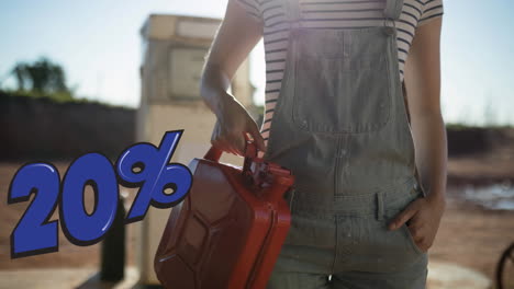 animation of 20 percent text in blue over midsection of woman holding jerrycan