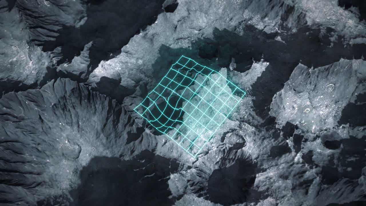 Medium Shot of a Planetary Body Scan Being Conducted Using a Laser Grid on the Lunar Surface