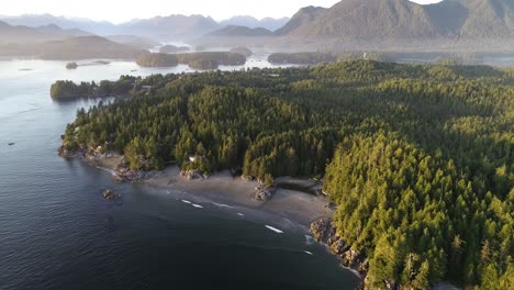 Middle-Beach,-Tofino,-Vancouver-Island,-Canada,-Drone-Aerial-View-of-Scenic-Coastline-on-Sunny-Evening