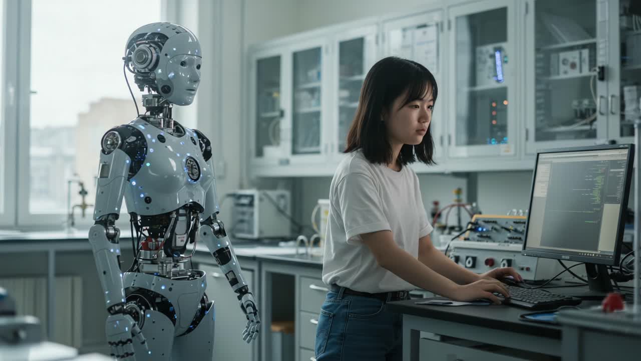 Innovative Human-Robot Interaction: A Young Engineer Works Alongside a Sophisticated Robot in a State-of-the-Art Laboratory Filled with Advanced Technology