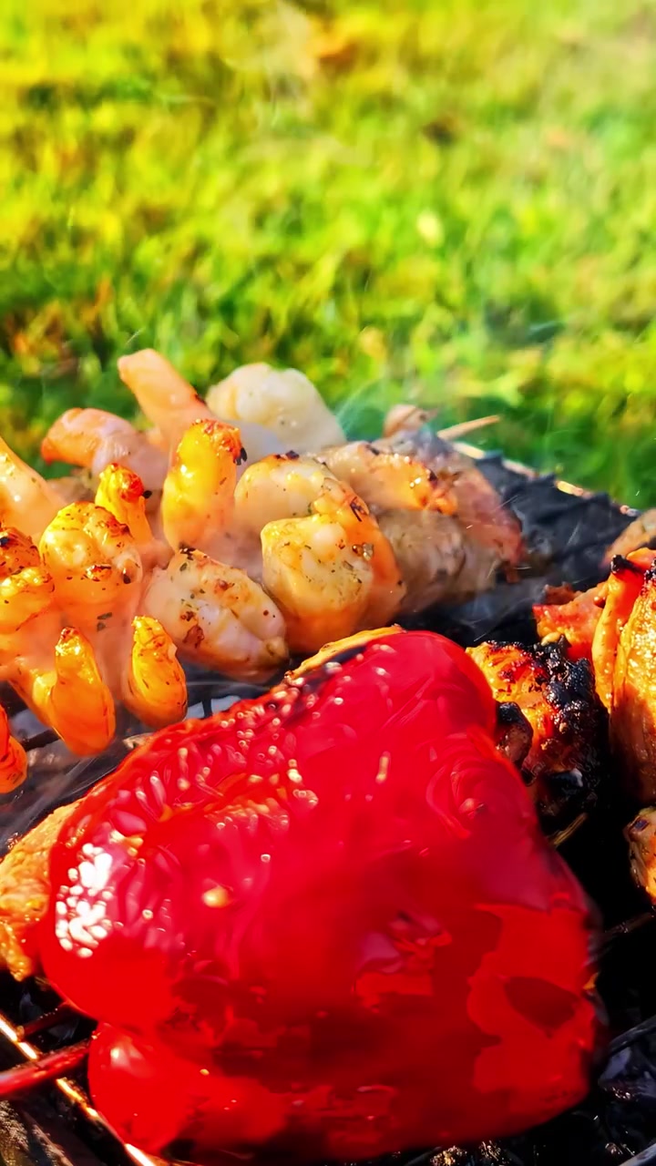 Spiedini di gamberi, peperone rosso intero arrostito e pollo condito su griglia a carbone fumante con sfondo di erba verde alla luce naturale del giorno, video verticale con ripresa all'indietro.