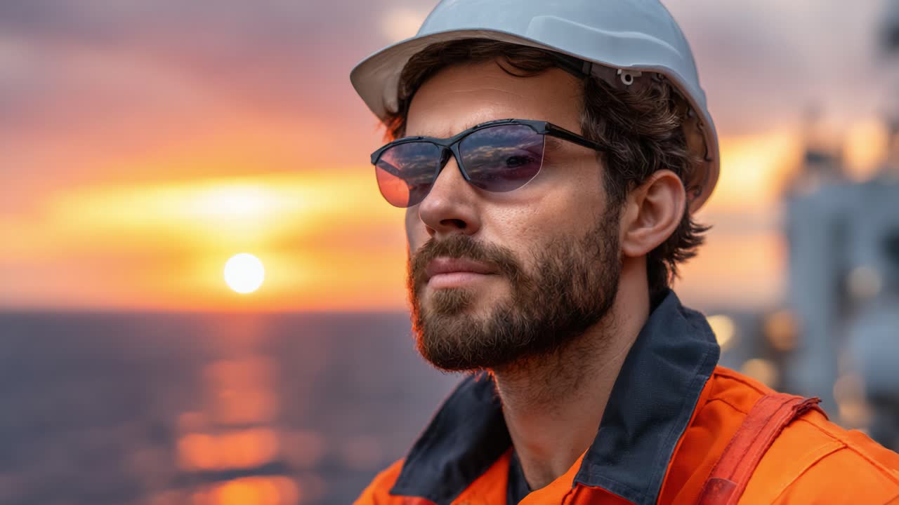A contemplative maritime worker gazes at the sunset, showcasing a blend of determination and tranquility while wearing safety gear on a vibrant ocean backdrop