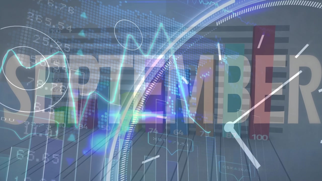Animation of september texts over multiple graphs, clock, numbers and map over abstract background