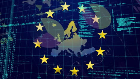 animation of spinning stars on eu map against statistical data processing on blue background