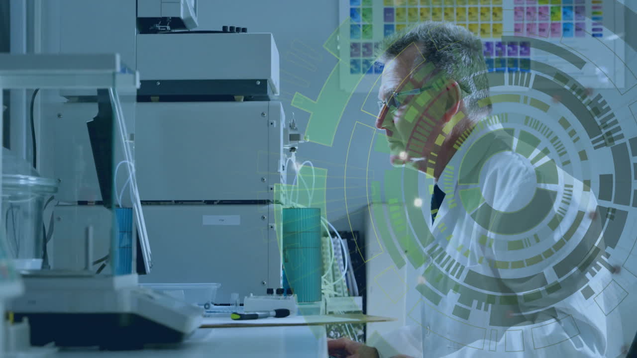 Scientist working in laboratory with digital data processing animation overlay