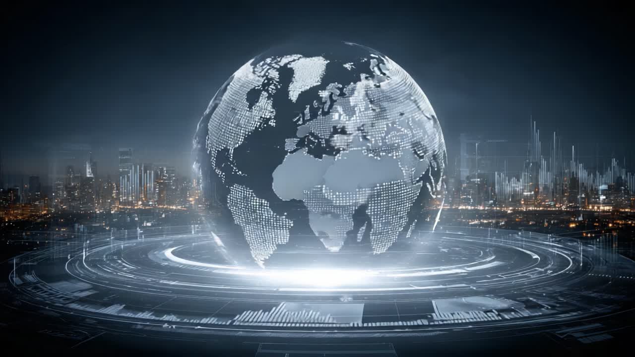 A Dynamic Digital Representation of Earth, Showcasing Geographical Features and Modern Cityscapes with a Futuristic Glow Transforming Between Frames