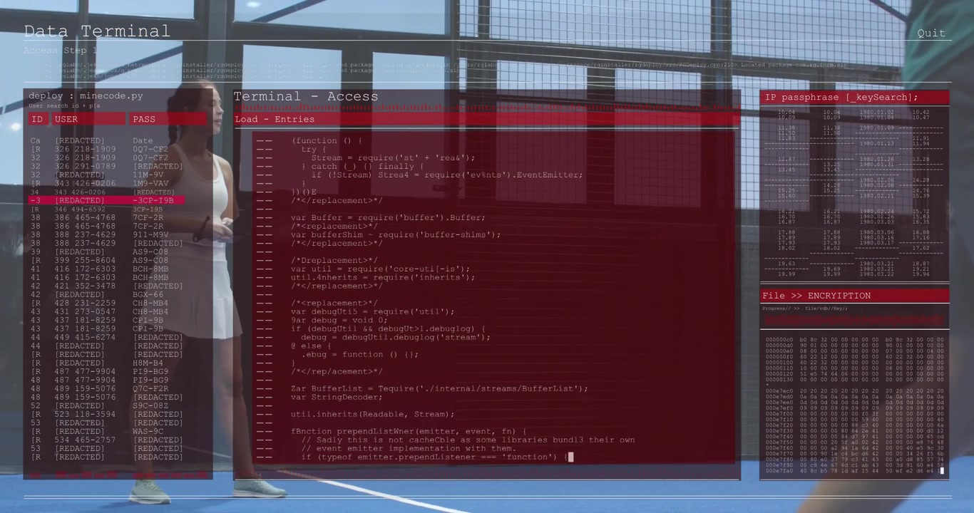 Female player preparing serve as tech overlay fades, showing encryption code across padel court