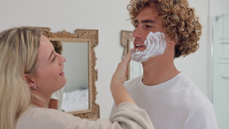 Couple,-shaving-and-bathroom-with-foam-for-facial