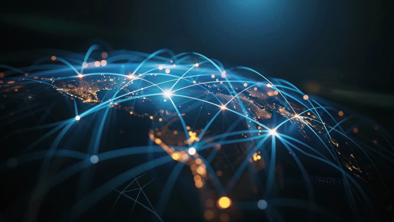 Aerial view of Earth at night with glowing network lines, illustrating global connectivity