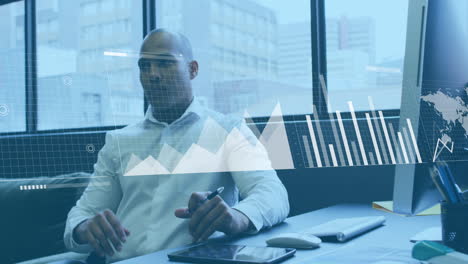 animation of statistical data processing against thoughtful biracial man at office