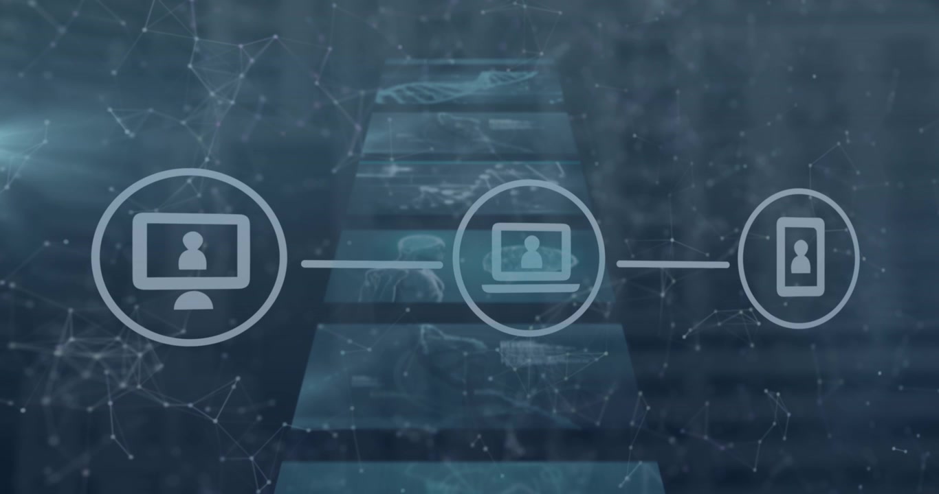 Animation of network of digital icons, network of connections, screens with medical data processing