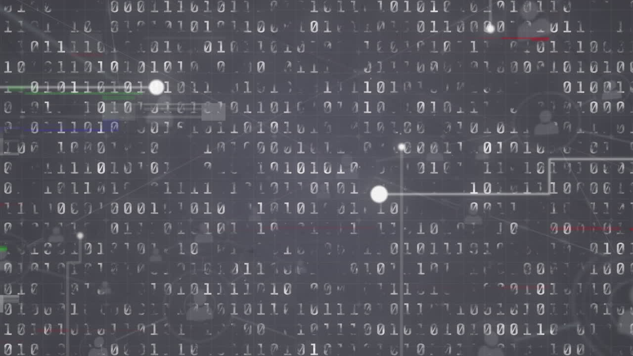 글리치 기법을 통해 선과 이진 코드로 연결되는 점의 애니메이션