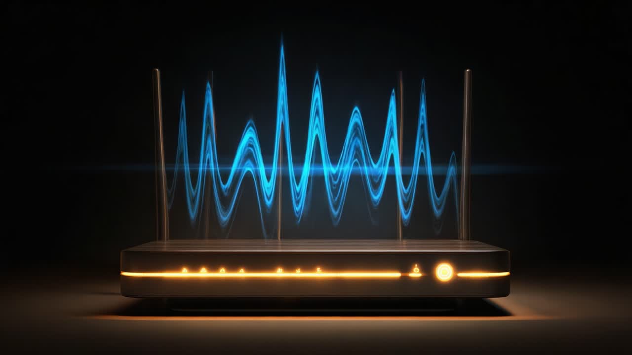 Dynamic Visualization of Wireless Signal Waves from a Modern Router with Blue Wave Patterns Illustrating Connectivity and Data Transmission Innovations