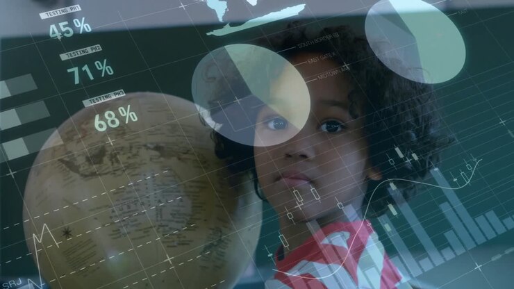 Animation of financial data processing over african american schoolboy spinning globe