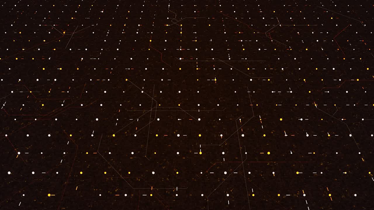 líneas digitales abstractas que se mueven al azar entre puntos en un espacio tecnológico oscuro. animación. rayas estrechas que fluyen en una cuadrícula, bucle sin costuras.