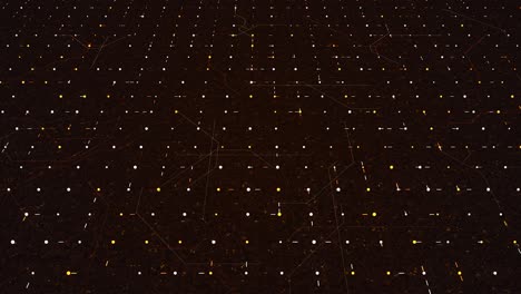 abstract digital lines randomly moving among spots in a dark technological space. animation. flowing narrow stripes in a grid, seamless loop.